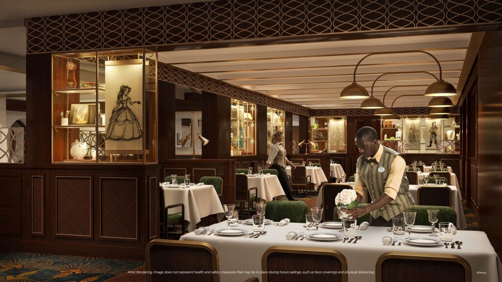 Restaurant 1923, benannt nach dem Gründungsjahr der Walt Disney Company, ist eine stilvolle Würdigung des Erbes des Unternehmens, eine Hommage an das goldene Zeitalter der Zeichentrickkunst und ein Tribut an die kalifornischen Wurzeln. Die Räume sind mit mehr als 1.000 Zeichnungen, Requisiten und anderen Dingen geschmückt. Die abwechslungsreiche Speisekarte spiegelt eine einzigartige Mischung aus asiatischer, europäischer und südamerikanischer Küche wider. Alles natürlich gepaart mit einer erstklassigen Auswahl an weltberühmten Napa Valley Weinen. Foto: © Disney Cruises