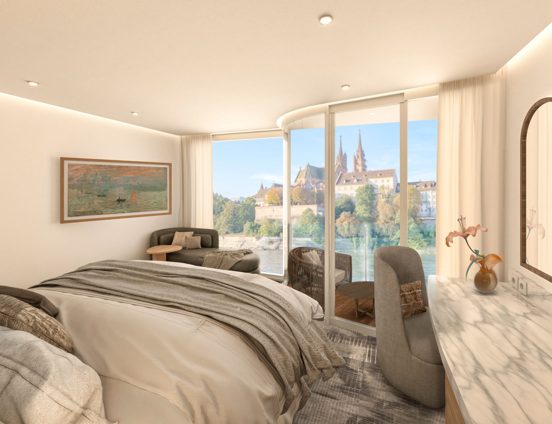 Balkonkabine mit Blick auf begehbaren Balkon; Foto: © Celebrity River Cruises