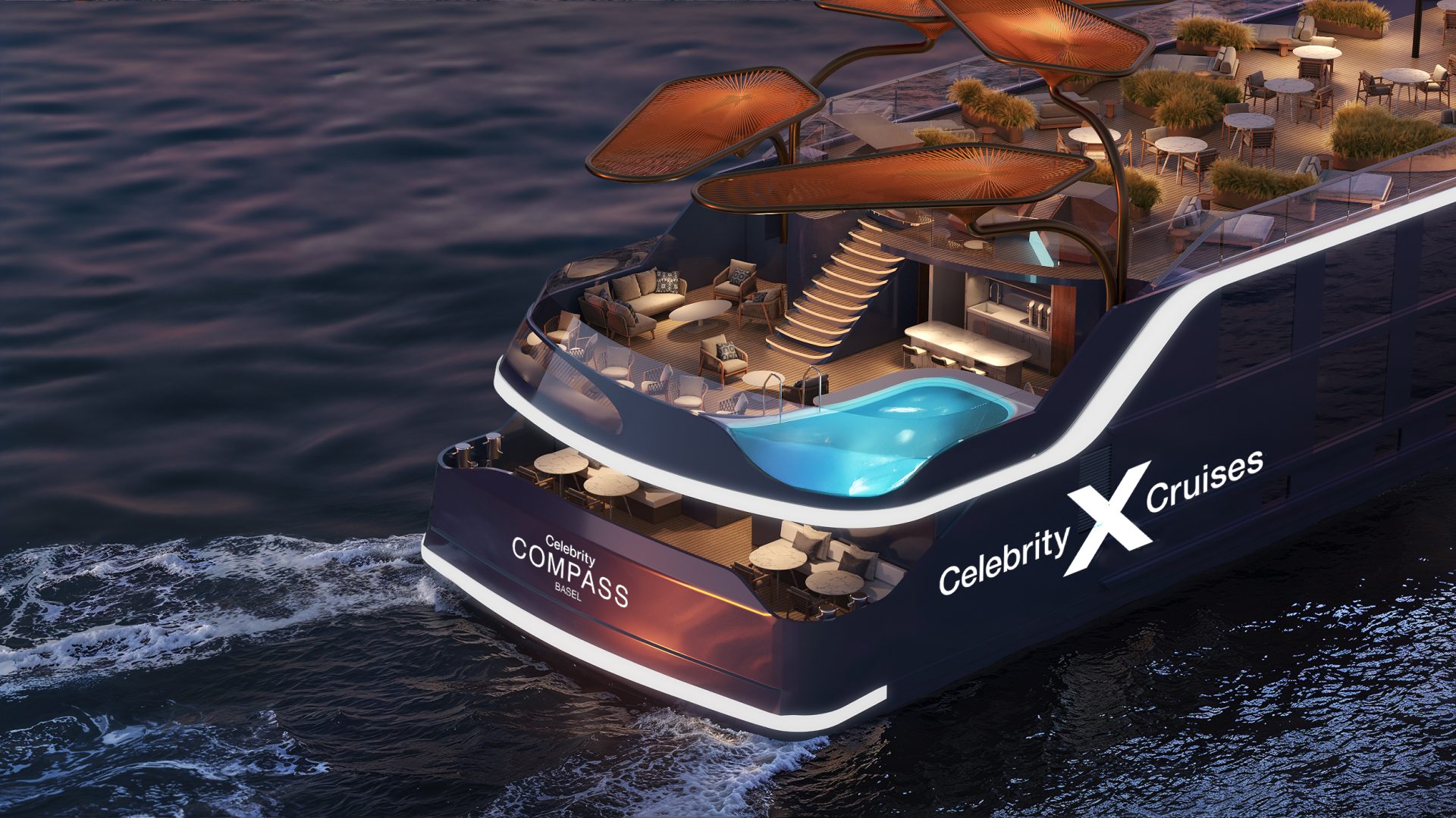 Heckansicht des ersten Flussschiffs von Celebrity Cruises. Foto: © Celebrity River Cruises