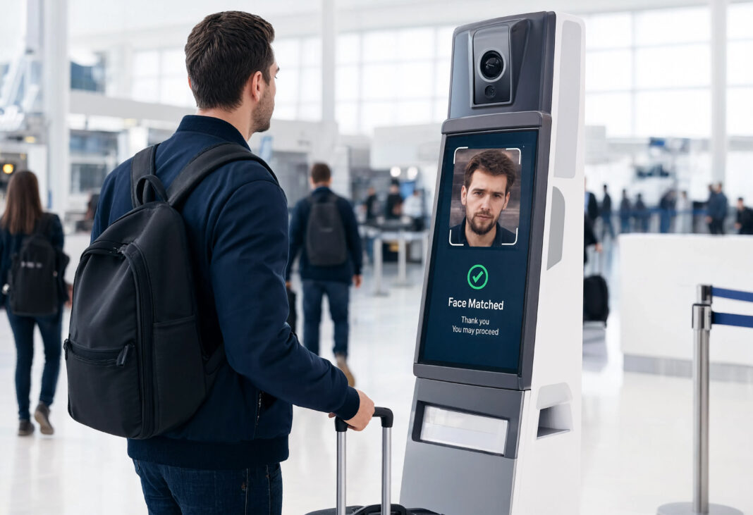 Passagiere bei der digitalen Abfertigung an einem Flughafen